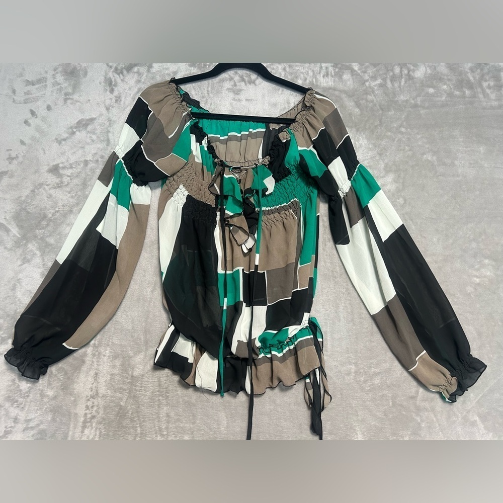Kaelyn Max Peasant Blouse Top Women’s Large Colorblock Lace Up Green Black